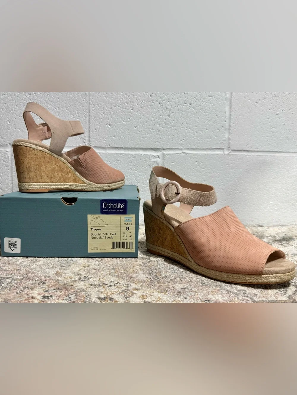 Toms Peach Open-Toe Cork Wedge Sandals with Ankle Strap